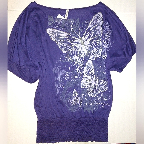 ☆NWT☆Gorgeous Plus Size Mi Manchi Royal Purple Silver Metallic Butterfly Blouse☆ - Picture 8 of 15